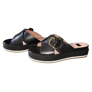 Louise et Cie Cassia Black Leather Gold Buckle Slides Sandals 7.5